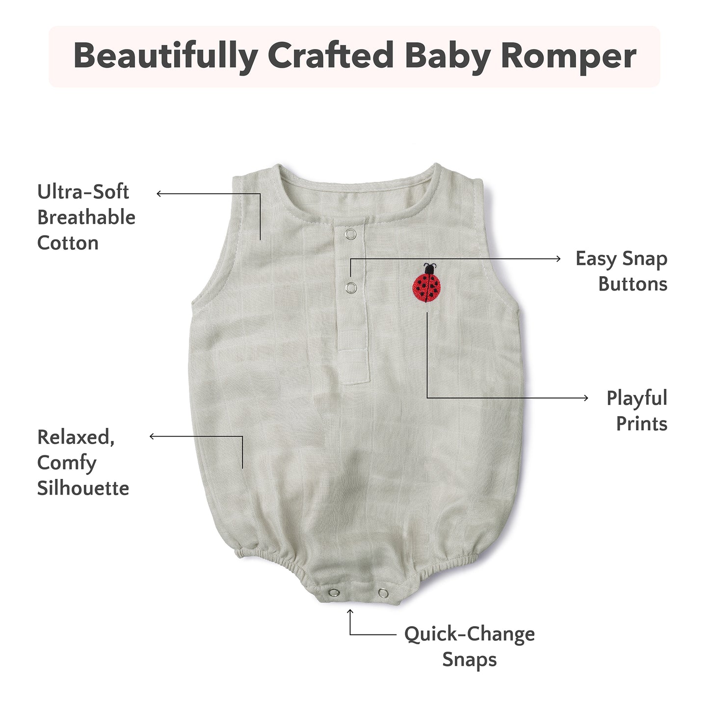 Soft Organic Cotton Baby Romper Set (Pack of 2) | Printed & Embroidered | Gray Bow with Beetle