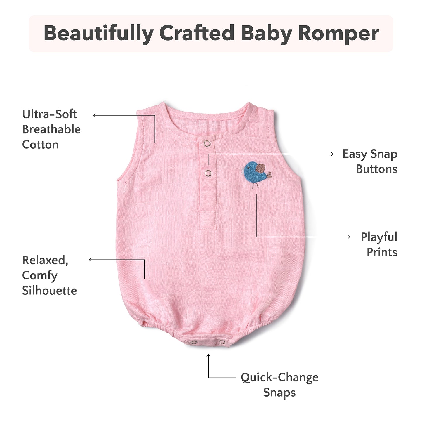 Soft Organic Cotton Baby Romper Set (Pack of 2) | Printed & Embroidered | Pink Moon with Pink Bird