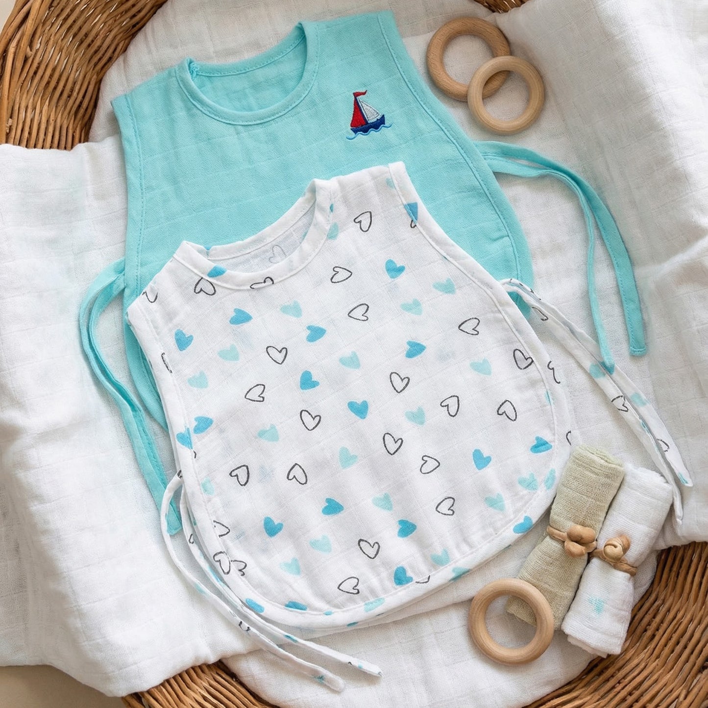 Soft Organic Cotton Baby Vest Set (Pack of 2) | Printed & Embroidered | Blue Heart and Solid Boat