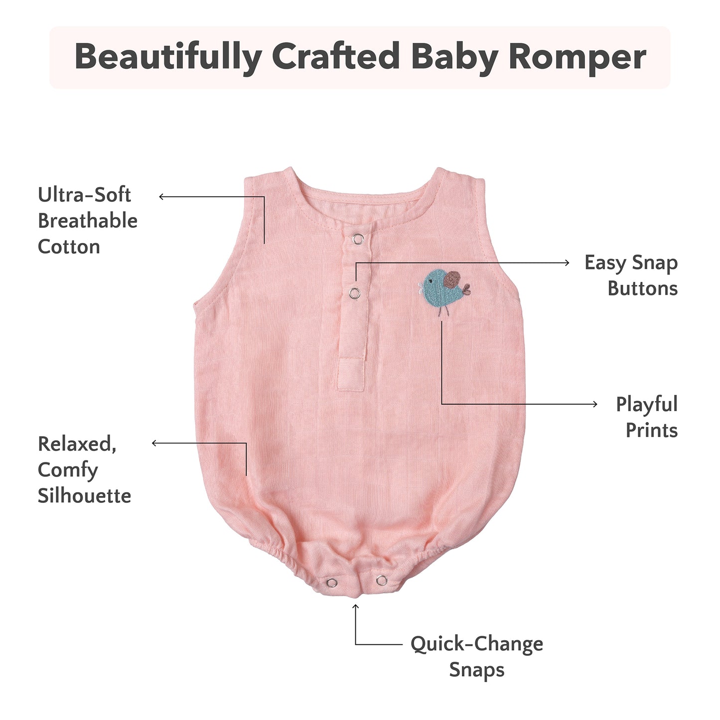 Soft Organic Cotton Baby Romper Set (Pack of 2) | Printed & Embroidered | Pink Heart with Peach Bird