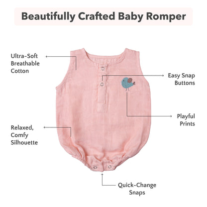 Soft Organic Cotton Baby Romper Set (Pack of 2) | Printed & Embroidered | Pink Heart with Peach Bird