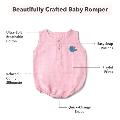 Soft Organic Cotton Baby Romper Set (Pack of 2) | Printed & Embroidered | Pink Moon with Pink Bird