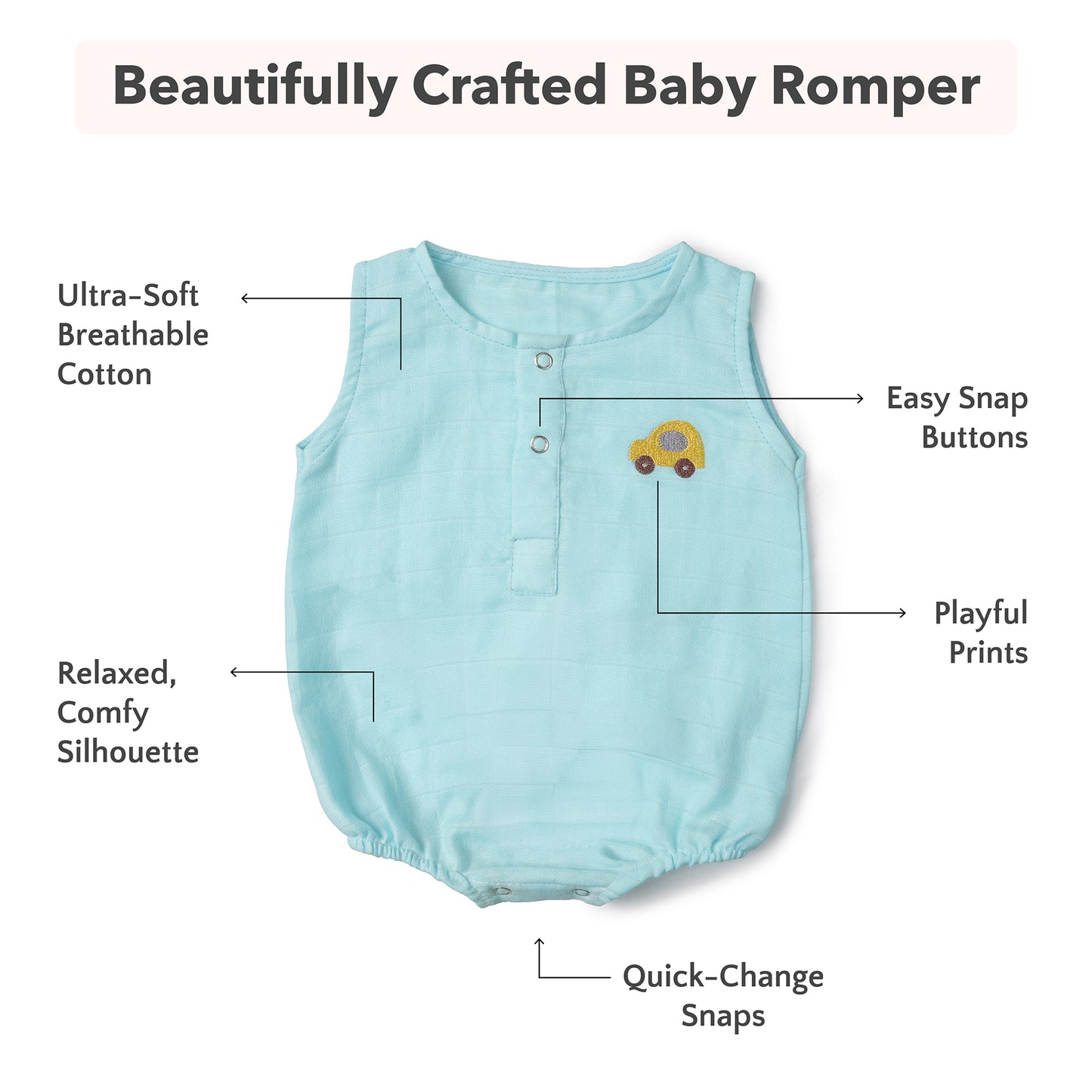 Soft Organic Cotton Baby Romper Set (Pack of 2) | Printed & Embroidered | Blue Triangle with Car