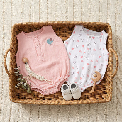 Soft Organic Cotton Baby Romper Set (Pack of 2) | Printed & Embroidered | Pink Heart with Peach Bird
