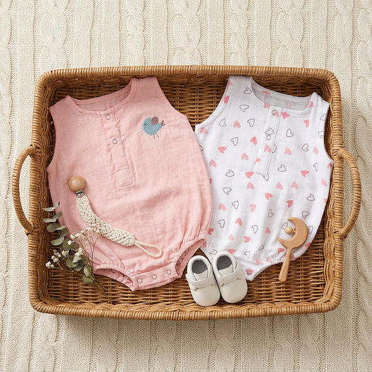 Soft Organic Cotton Baby Romper Set (Pack of 2) | Printed & Embroidered | Pink Heart with Peach Bird