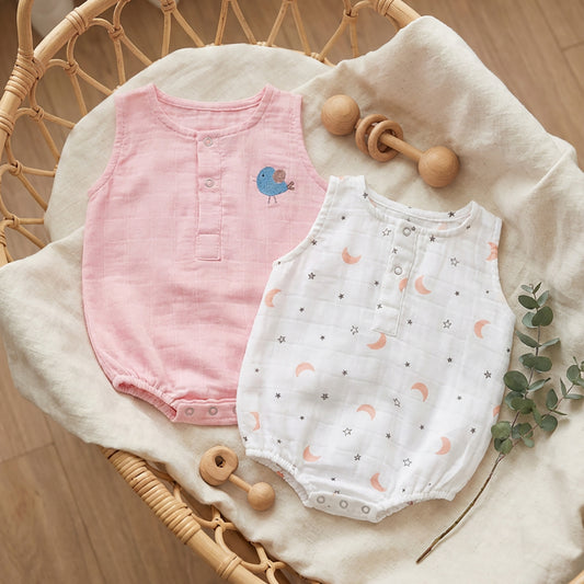 Soft Organic Cotton Baby Romper Set (Pack of 2) | Printed & Embroidered | Pink Moon with Pink Bird