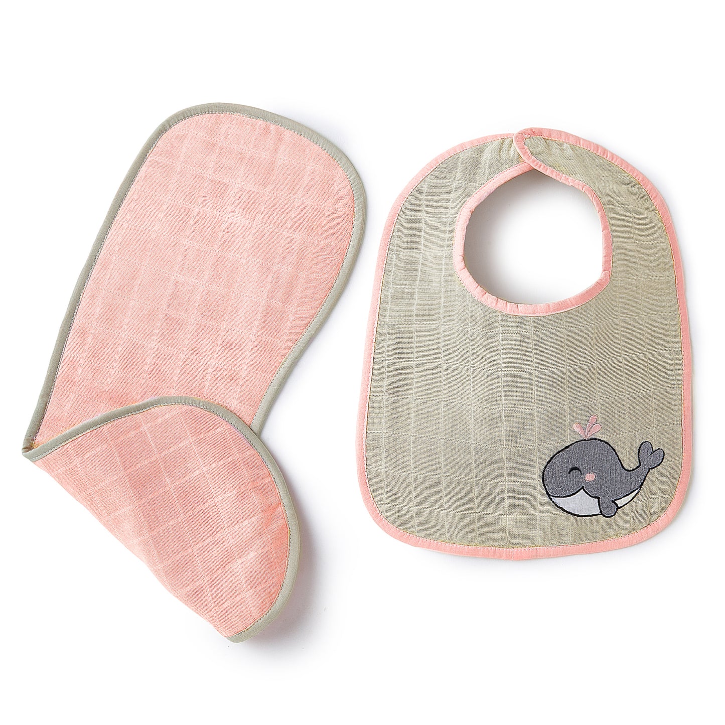 Pink Whale And Solid Pink Embroidery Feeding Bibs And Burp 2 Pcs