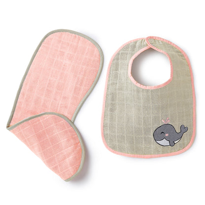 Pink Whale And Solid Pink Embroidery Feeding Bibs And Burp 2 Pcs