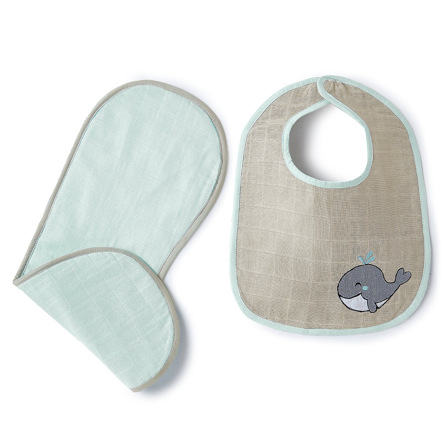Blue Whale And Solid Blue Embroidery Feeding Bibs And Burp 2 Pcs