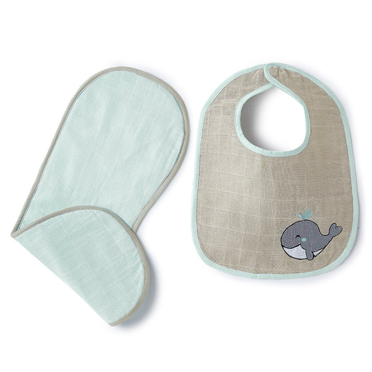 Blue Whale And Solid Blue Embroidery Feeding Bibs And Burp 2 Pcs