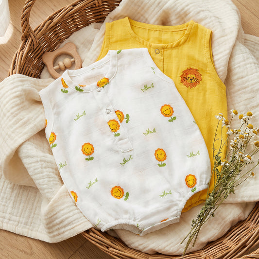 Soft Organic Cotton Baby Romper Set (Pack of 2) | Printed & Embroidered | Sunflower with Yellow Lion