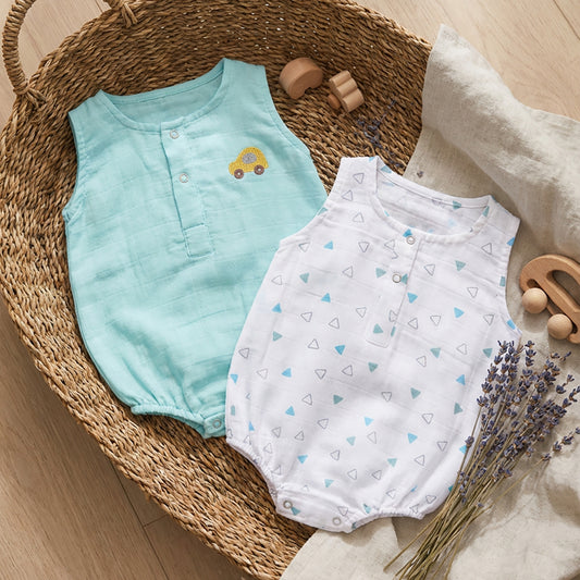 Soft Organic Cotton Baby Romper Set (Pack of 2) | Printed & Embroidered | Blue Triangle with Car