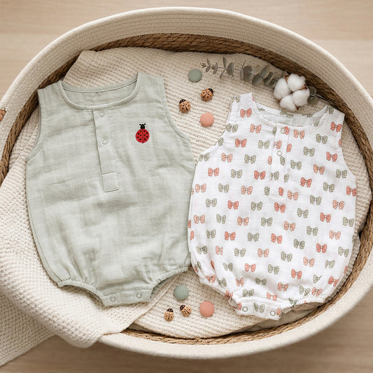 Soft Organic Cotton Baby Romper Set (Pack of 2) | Printed & Embroidered | Gray Bow with Beetle