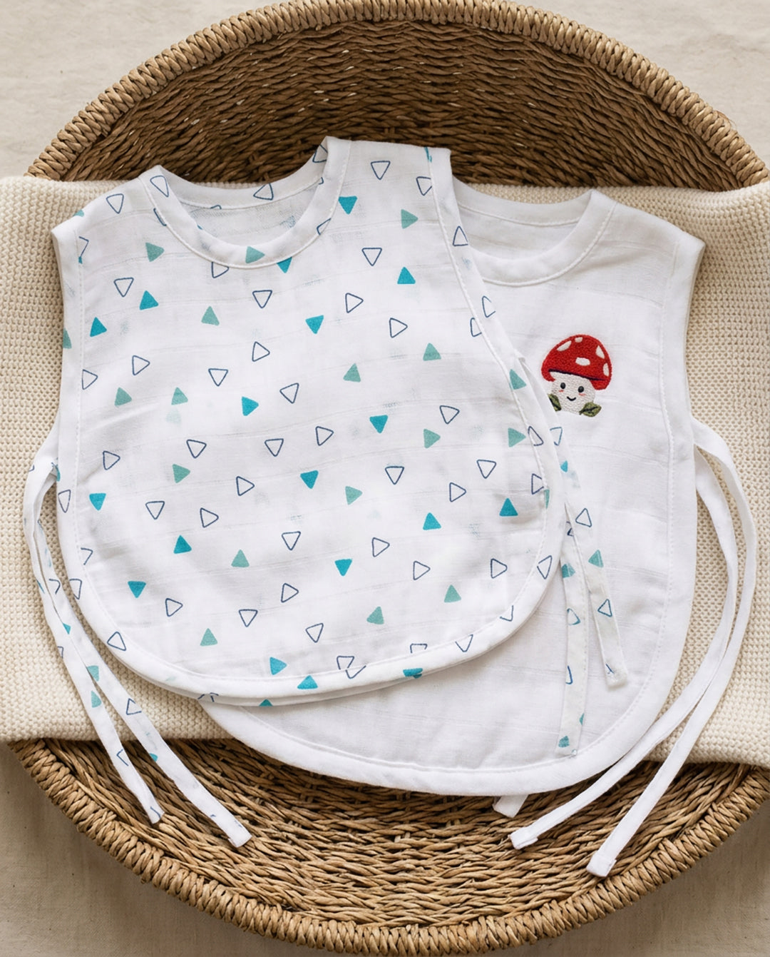 Soft Organic Cotton Baby Vest Set (Pack of 2) | Printed & Embroidered |  Blue Triangle with Mushroom