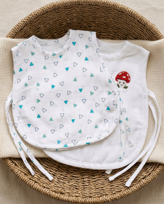 Soft Organic Cotton Baby Vest Set (Pack of 2) | Printed & Embroidered |  Blue Triangle with Mushroom