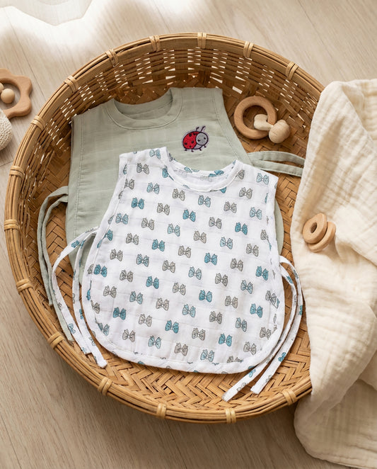 Soft Organic Cotton Baby Vest Set (Pack of 2) | Printed & Embroidered | Blue Bow with Beetle