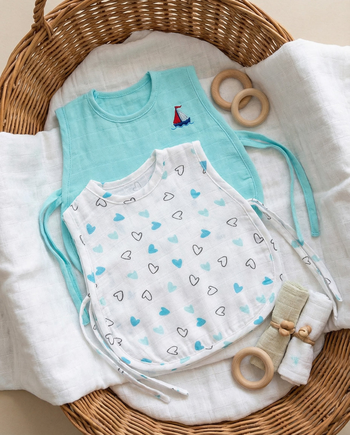 Soft Organic Cotton Baby Vest Set (Pack of 2) | Printed & Embroidered |  Blue Heart and Solid Boat