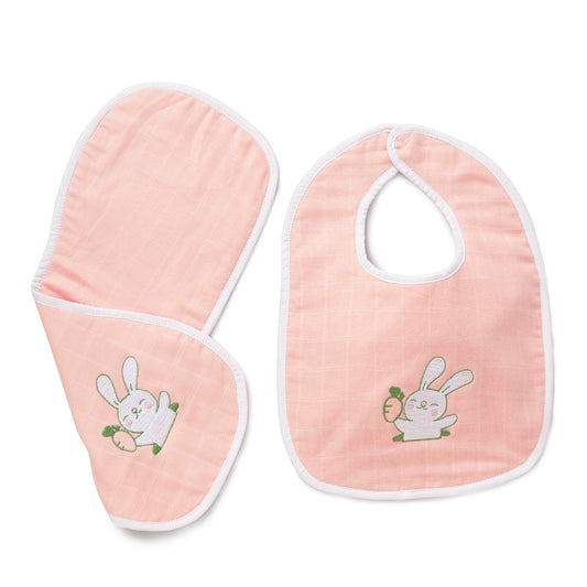 Pink Rabbit Embroidery Feeding Bibs And Burp 2 Pcs