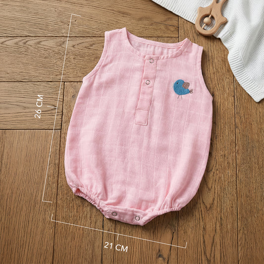 Soft Organic Cotton Baby Romper Set (Pack of 2) | Printed & Embroidered | Pink Moon with Pink Bird