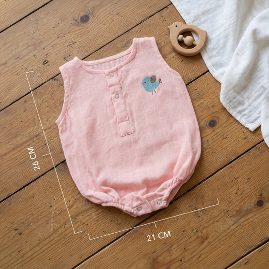 Soft Organic Cotton Baby Romper Set (Pack of 2) | Printed & Embroidered | Pink Heart with Peach Bird