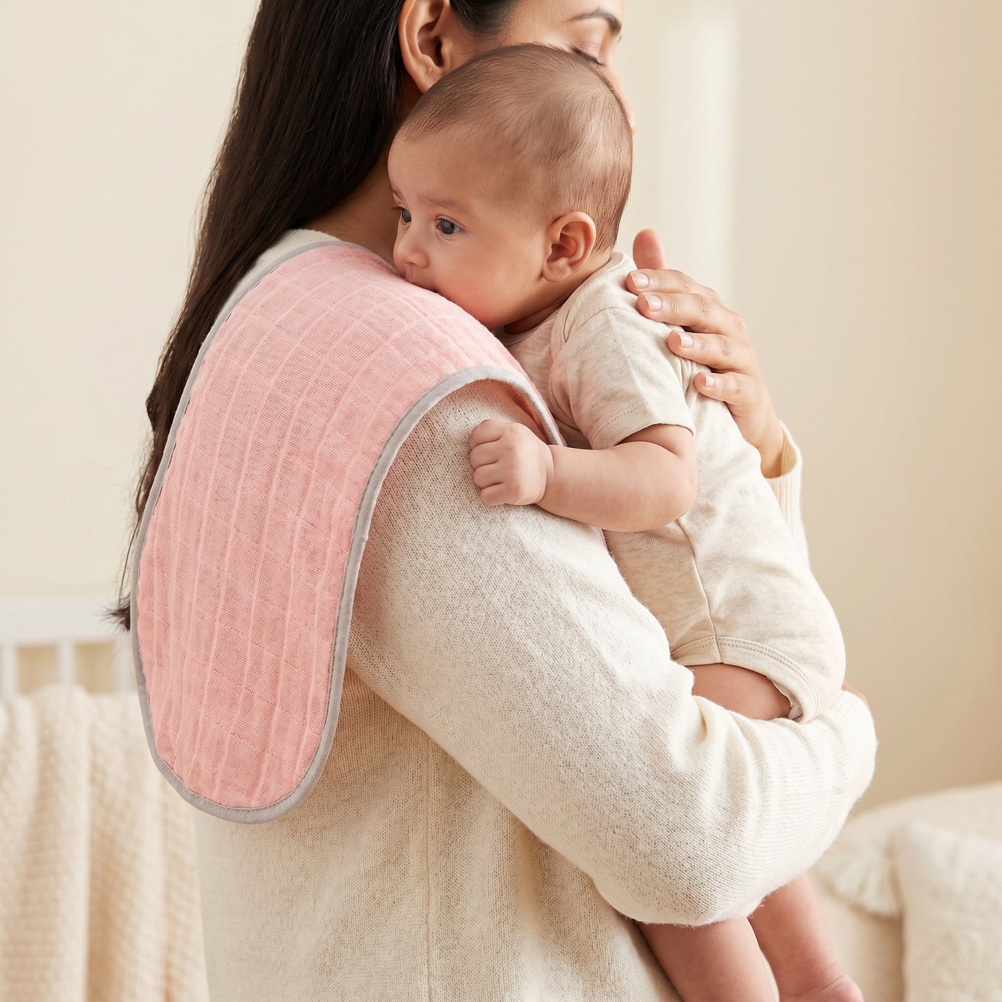 Pink Whale And Solid Pink Embroidery Feeding Bibs And Burp 2 Pcs