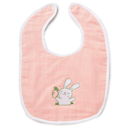 Pink Rabbit Embroidery Feeding Bibs And Burp 2 Pcs