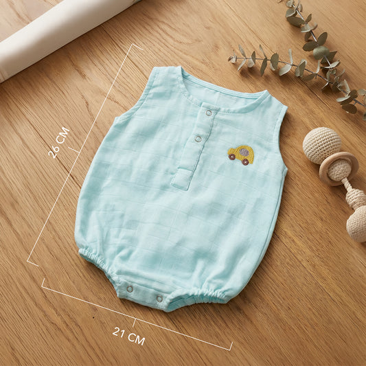 Soft Organic Cotton Baby Romper Set (Pack of 2) | Printed & Embroidered | Blue Triangle with Car