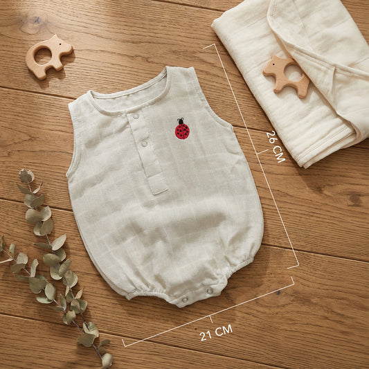 Soft Organic Cotton Baby Romper Set (Pack of 2) | Printed & Embroidered | Gray Bow with Beetle
