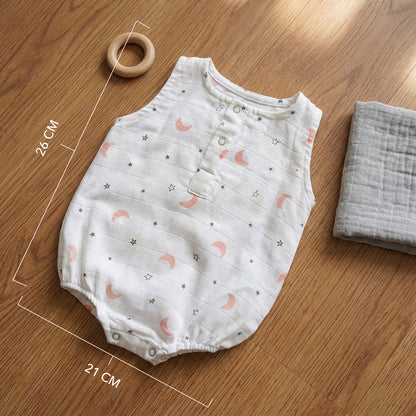 Soft Organic Cotton Baby Romper Set (Pack of 2) | Printed & Embroidered | Pink Moon with Pink Bird