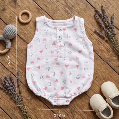 Soft Organic Cotton Baby Romper Set (Pack of 2) | Printed & Embroidered | Pink Heart with Peach Bird