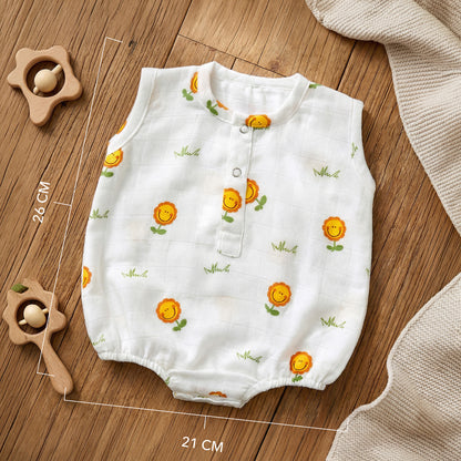 Soft Organic Cotton Baby Romper Set (Pack of 2) | Printed & Embroidered | Sunflower with Yellow Lion