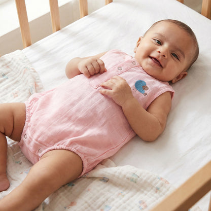 Soft Organic Cotton Baby Romper Set (Pack of 2) | Printed & Embroidered | Pink Moon with Pink Bird