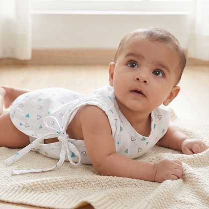 Soft Organic Cotton Baby Vest Set (Pack of 2) | Printed & Embroidered |  Blue Triangle with Mushroom