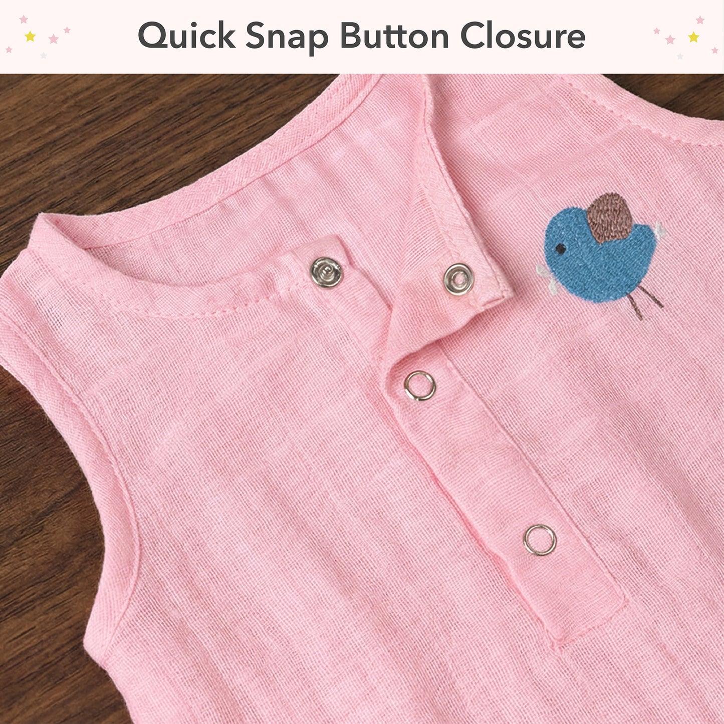 Soft Organic Cotton Baby Romper Set (Pack of 2) | Printed & Embroidered | Pink Moon with Pink Bird