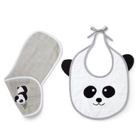 Grey Panda Embroidery Feeding Bibs And Burp 2 Pcs