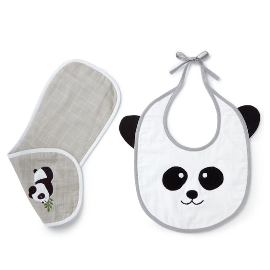 Grey Panda Embroidery Feeding Bibs And Burp 2 Pcs