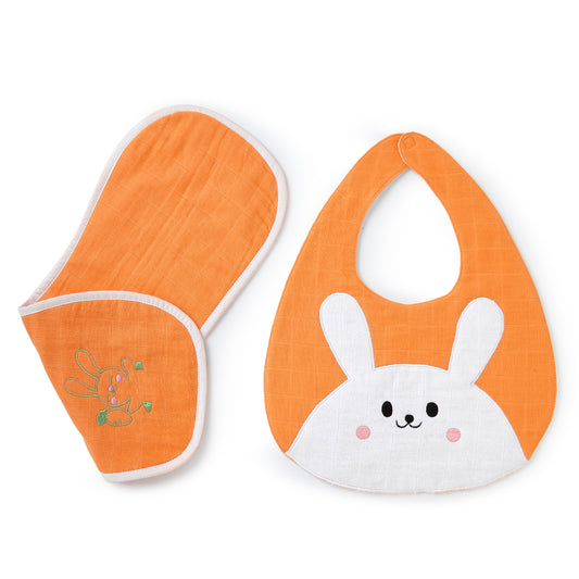 Orange Rabbit Embroidery Feeding Bibs And Burp 2 Pcs