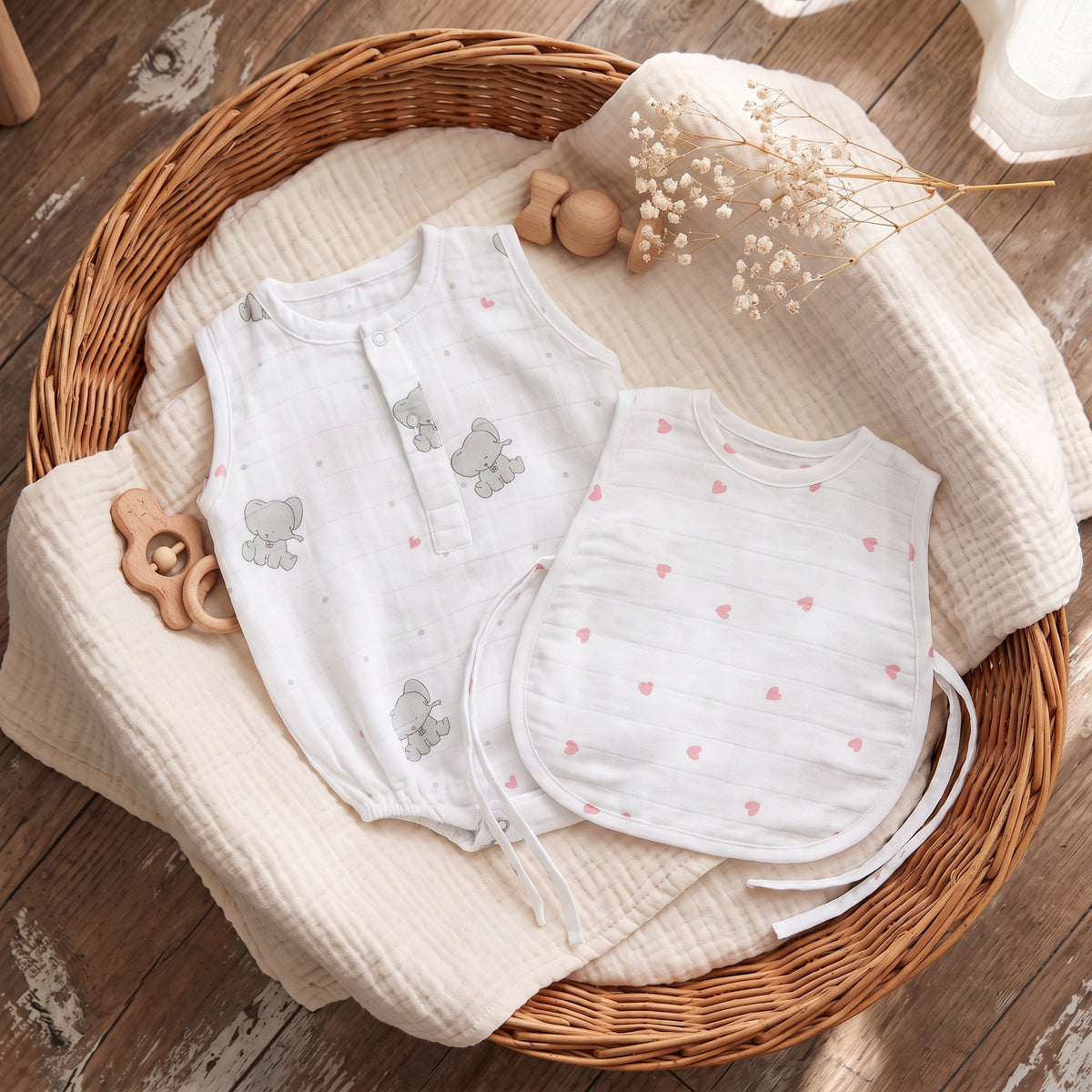 Soft Organic Cotton Baby Vest and Romper (Pack of 2) | Printed  | Pink Ellie With Heart