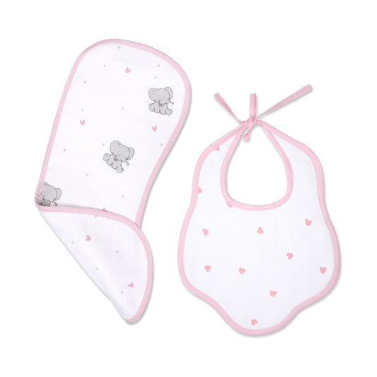 Pink Ellie With Heart Feeding Bibs And Burp 2 Pcs