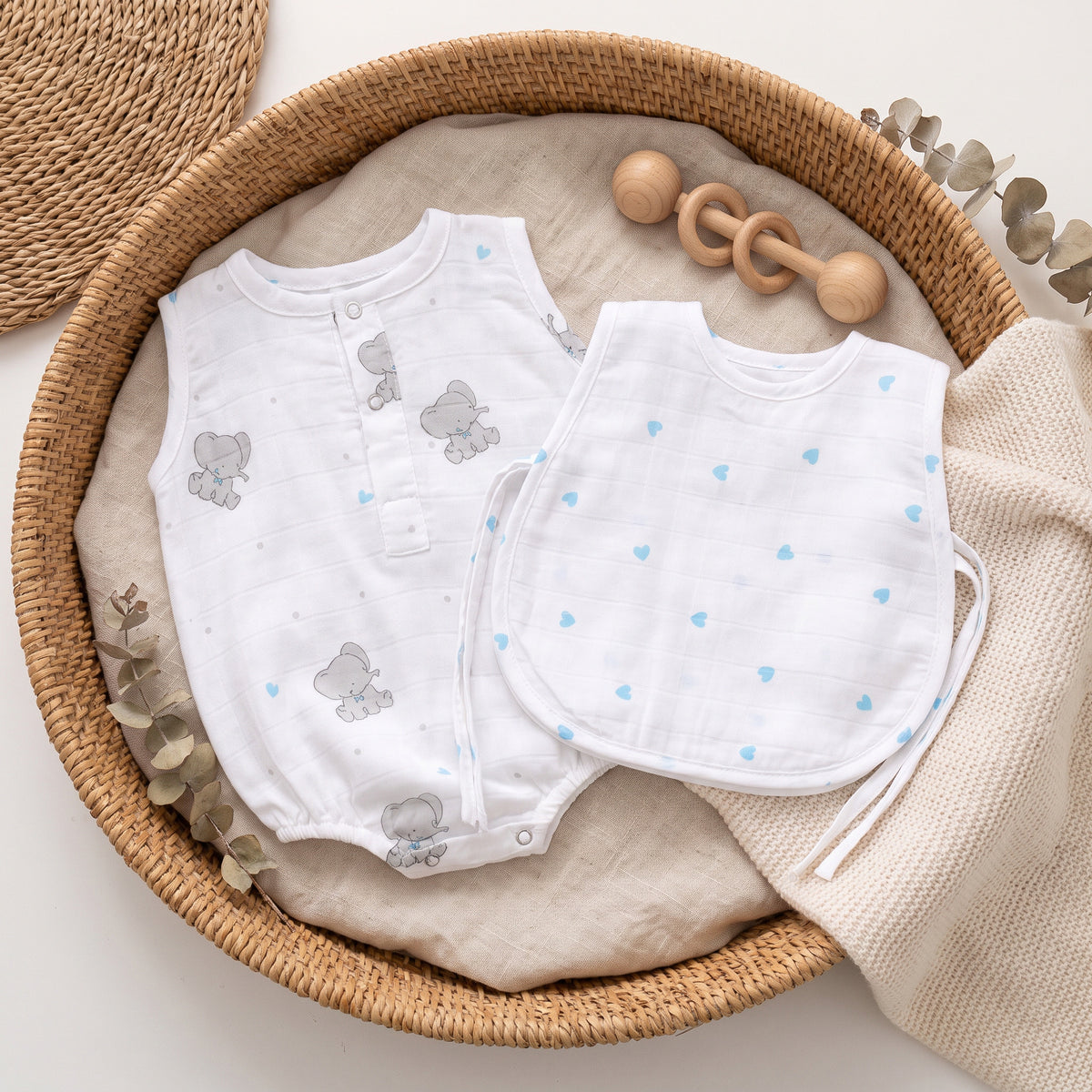 Soft Organic Cotton Baby Vest and Romper (Pack of 2) | Printed  | Blue Ellie With Heart