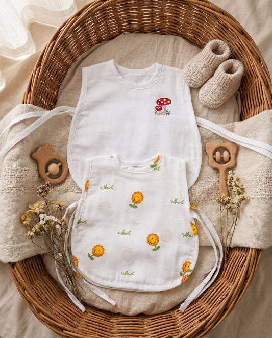 Soft Organic Cotton Baby Vest Set (Pack of 2) | Printed & Embroidered | Baby Mushroom with Sunflower