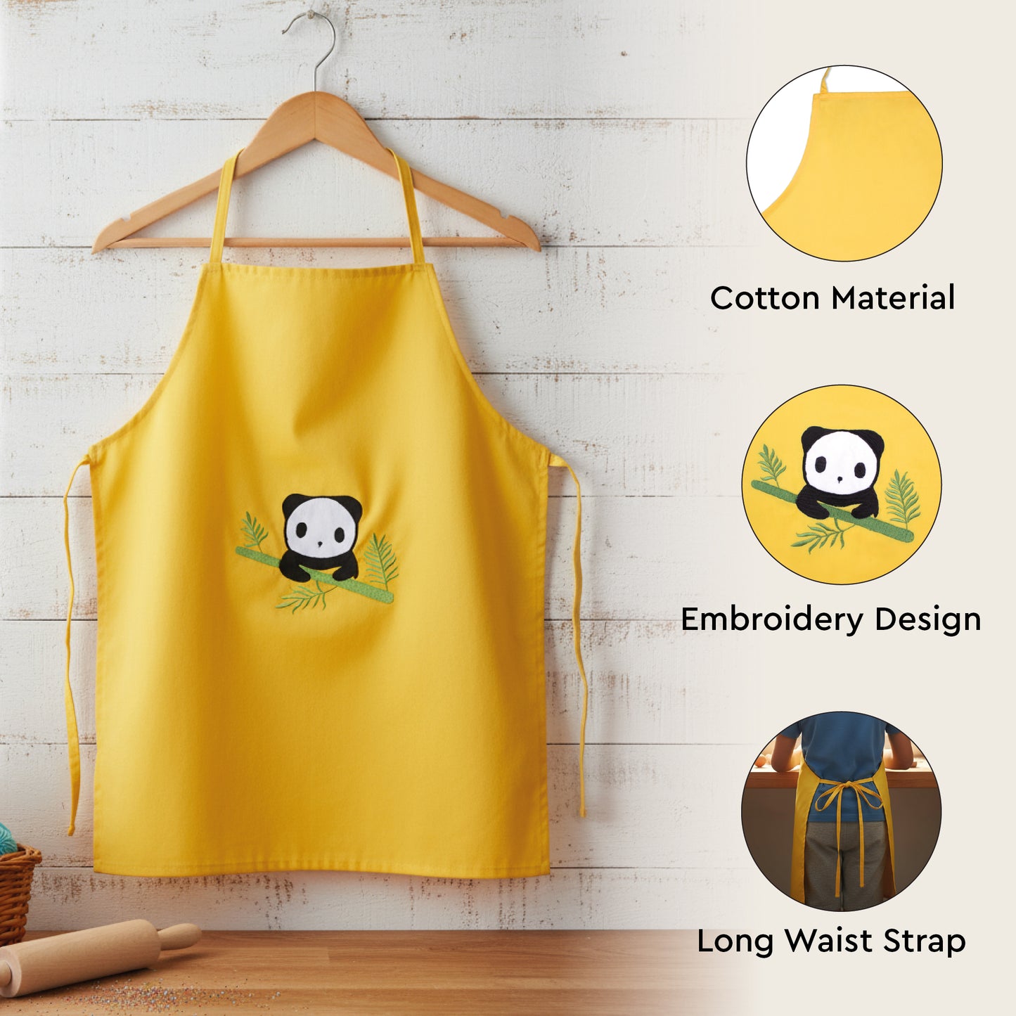 Tiny Panda Perch Kids Organic Embroidered Twill Cotton Apron 1 Pcs