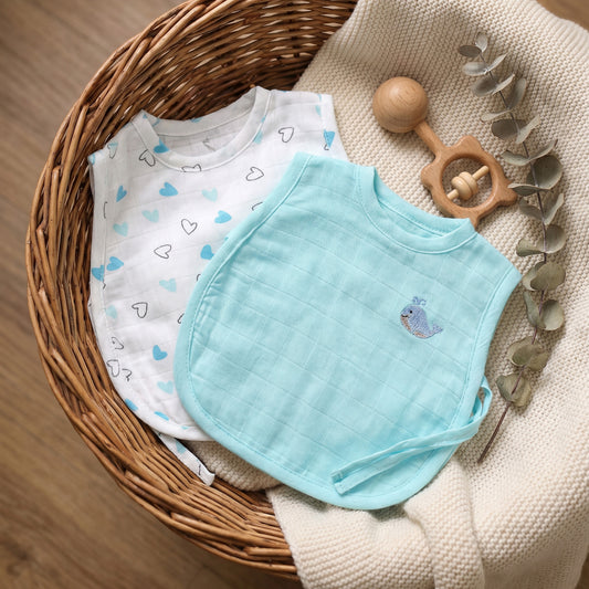 Soft Organic Cotton Baby Vest Set (Pack of 2) | Printed & Embroidered | Whale with Blue Heart
