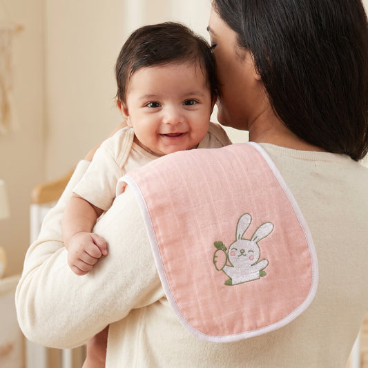 Pink Rabbit Embroidery Feeding Bibs And Burp 2 Pcs
