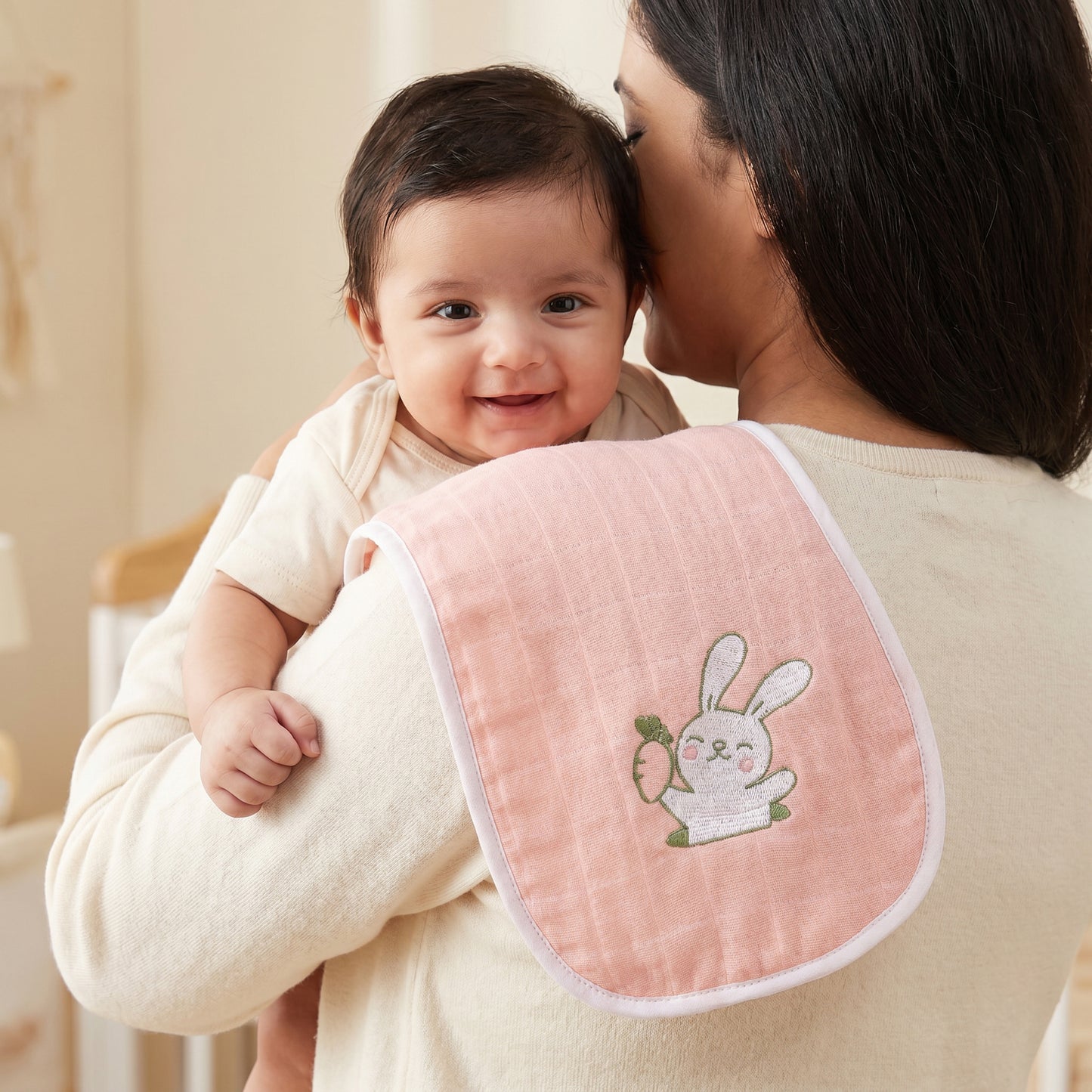 Pink Rabbit Embroidery Feeding Bibs And Burp 2 Pcs
