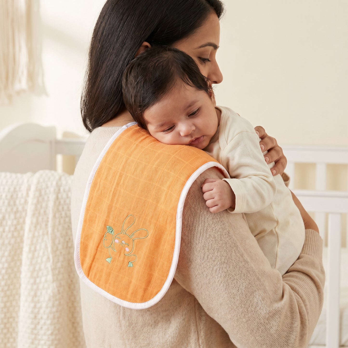 Orange Rabbit Embroidery Feeding Bibs And Burp 2 Pcs