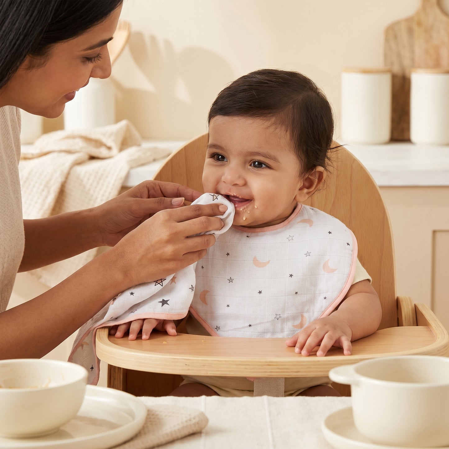 Pink Moon And Star Feeding Bibs And Burp 2 Pcs