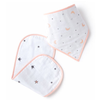 Pink Moon And Star Feeding Bibs And Burp 2 Pcs