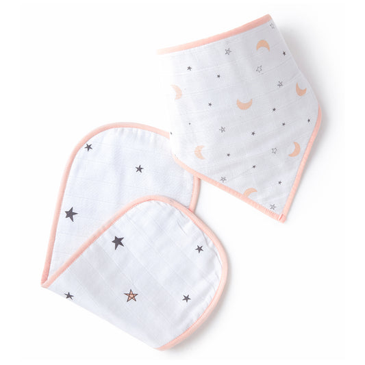 Pink Moon And Star Feeding Bibs And Burp 2 Pcs