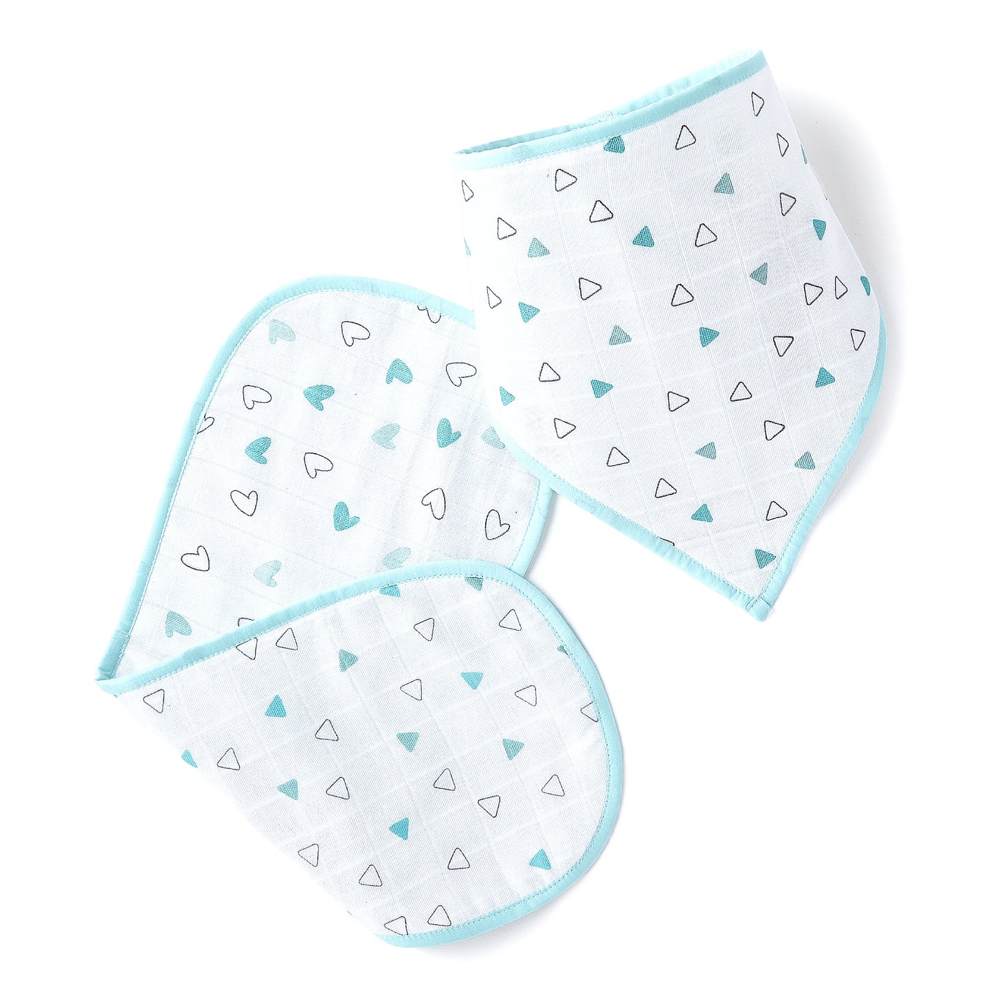 Blue Hearts And Triangles Feeding Bibs And Burp 2 Pcs